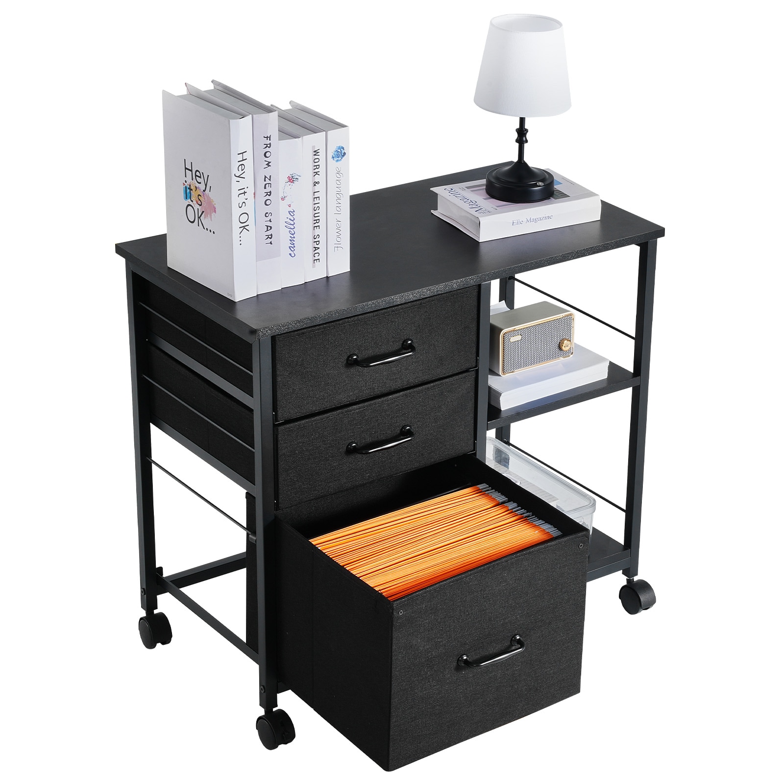 Mobile Metal File Cabinet With 3 Fabric Drawers And 2 Open Shelves Black_maomaolike.com